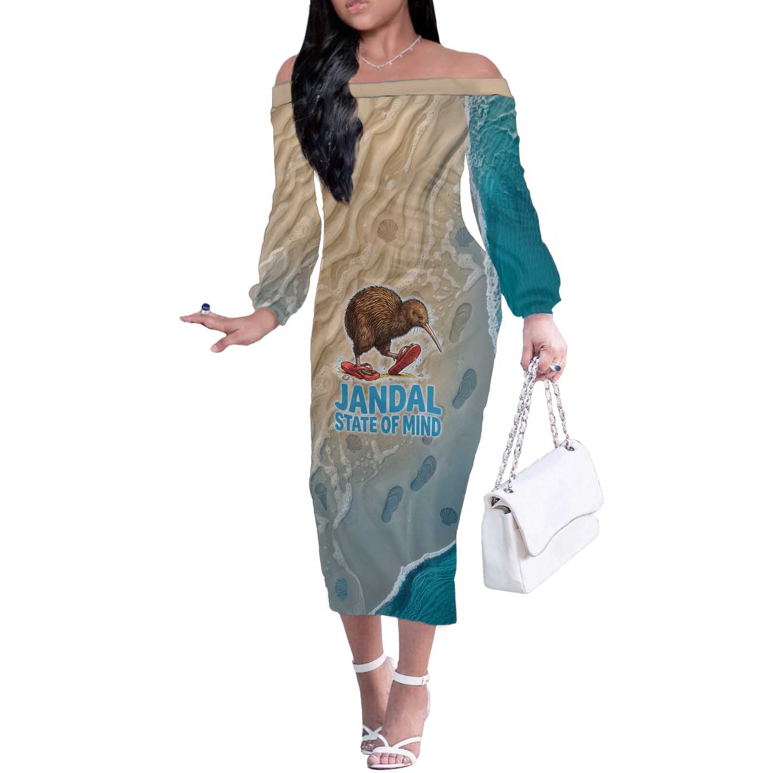 Kiwi Jandal Beach Life Off The Shoulder Long Sleeve Dress New Zealand Flip Flops Ocean Wave Surf Style TS04 Women Beige Cyan - Polynesian Pride