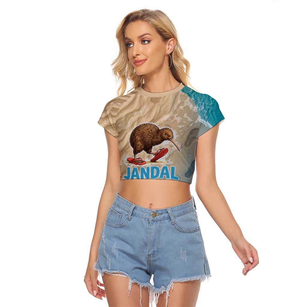Kiwi Jandal Beach Life Raglan Cropped T Shirt New Zealand Flip Flops Ocean Wave Surf Style TS04 Female Beige Cyan - Polynesian Pride