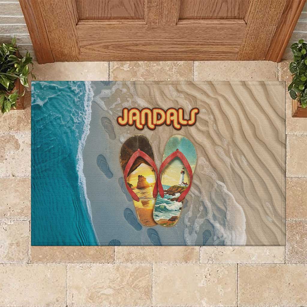 Kiwi Jandal Beach Life Rubber Doormat New Zealand Flip Flops Ocean Wave Surf Style TS04 Beige Cyan - Polynesian Pride