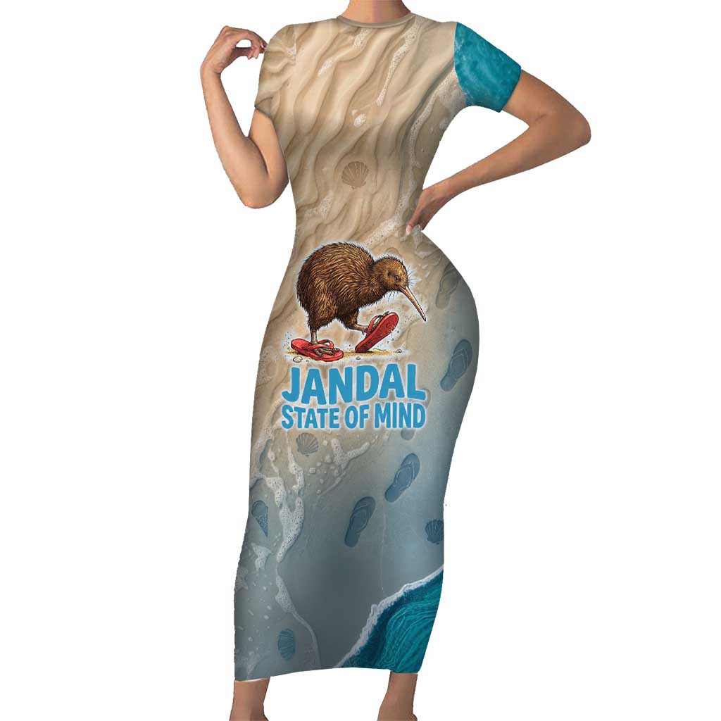 Kiwi Jandal Beach Life Short Sleeve Bodycon Dress New Zealand Flip Flops Ocean Wave Surf Style TS04 Long Dress Beige Cyan - Polynesian Pride