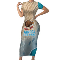 Kiwi Jandal Beach Life Short Sleeve Bodycon Dress New Zealand Flip Flops Ocean Wave Surf Style TS04 Long Dress Beige Cyan - Polynesian Pride