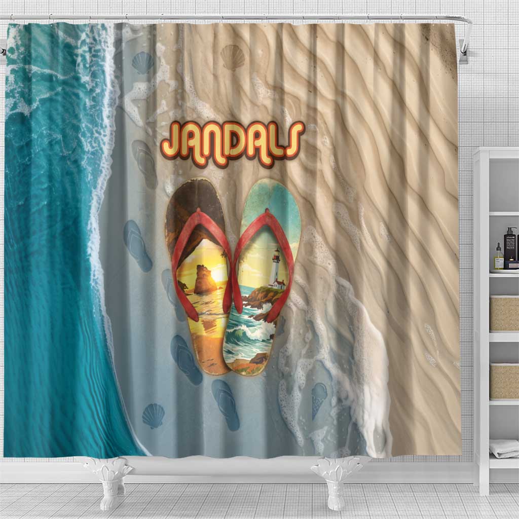 Kiwi Jandal Beach Life Shower Curtain New Zealand Flip Flops Ocean Wave Surf Style