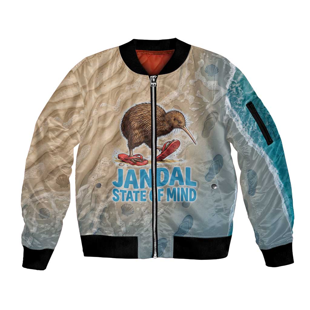 Kiwi Jandal Beach Life Sleeve Zip Bomber Jacket New Zealand Flip Flops Ocean Wave Surf Style TS04 Unisex Beige Cyan - Polynesian Pride