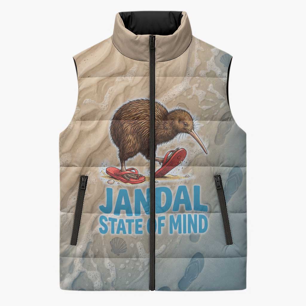 Kiwi Jandal Beach Life Sleeveless Puffer Jacket New Zealand Flip Flops Ocean Wave Surf Style TS04 Unisex Beige Cyan - Polynesian Pride