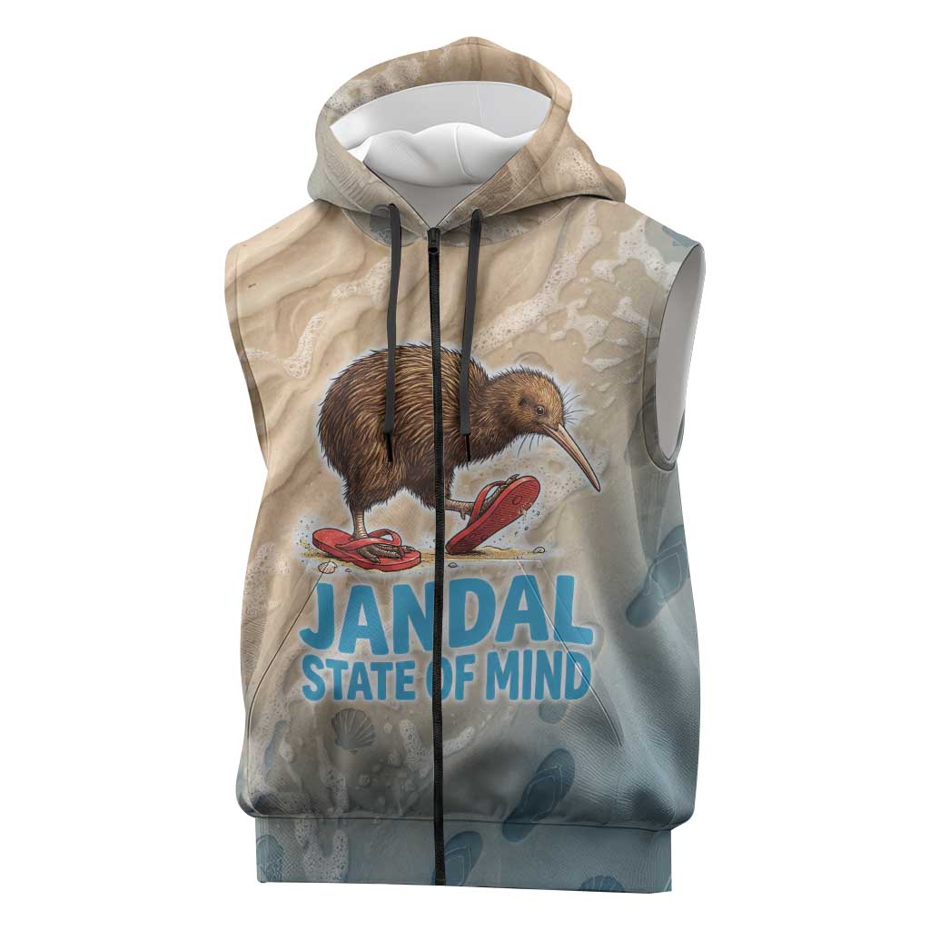 Kiwi Jandal Beach Life Sleeveless Zip Hoodie New Zealand Flip Flops Ocean Wave Surf Style TS04 Beige Cyan - Polynesian Pride