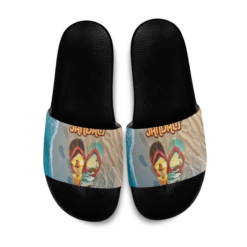 Kiwi Jandal Beach Life Slide Sandals New Zealand Flip Flops Ocean Wave Surf Style TS04 Beige Cyan - Polynesian Pride