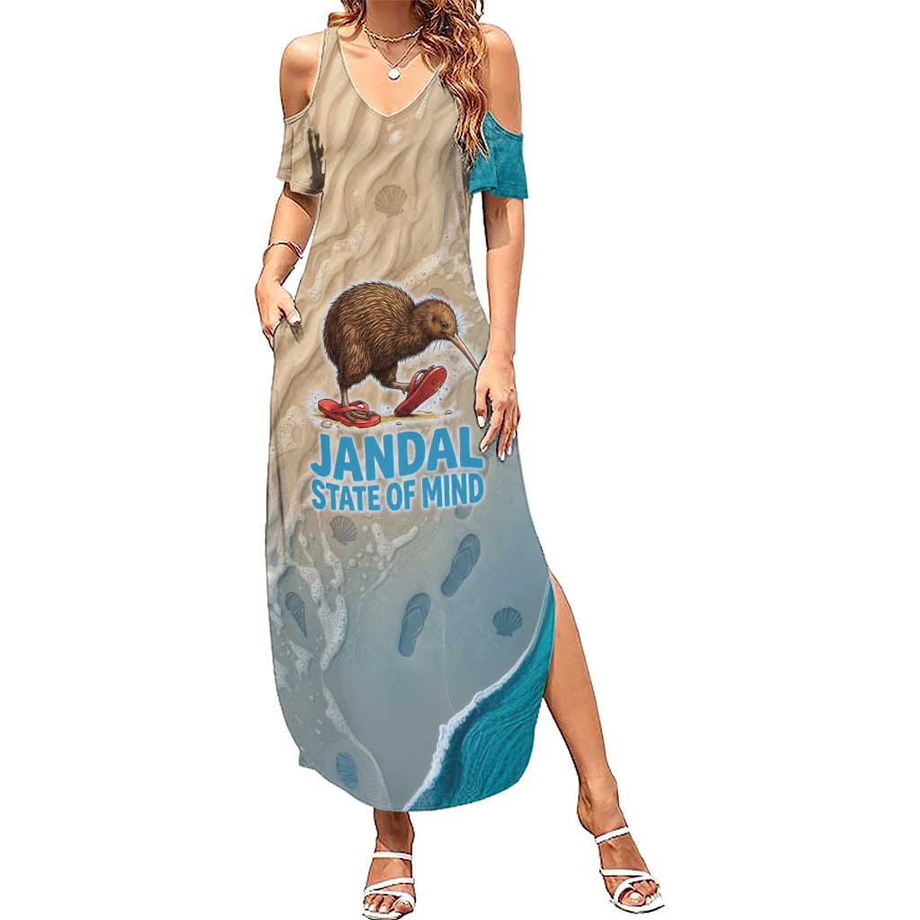 Kiwi Jandal Beach Life Summer Maxi Dress New Zealand Flip Flops Ocean Wave Surf Style TS04 Women Beige Cyan - Polynesian Pride
