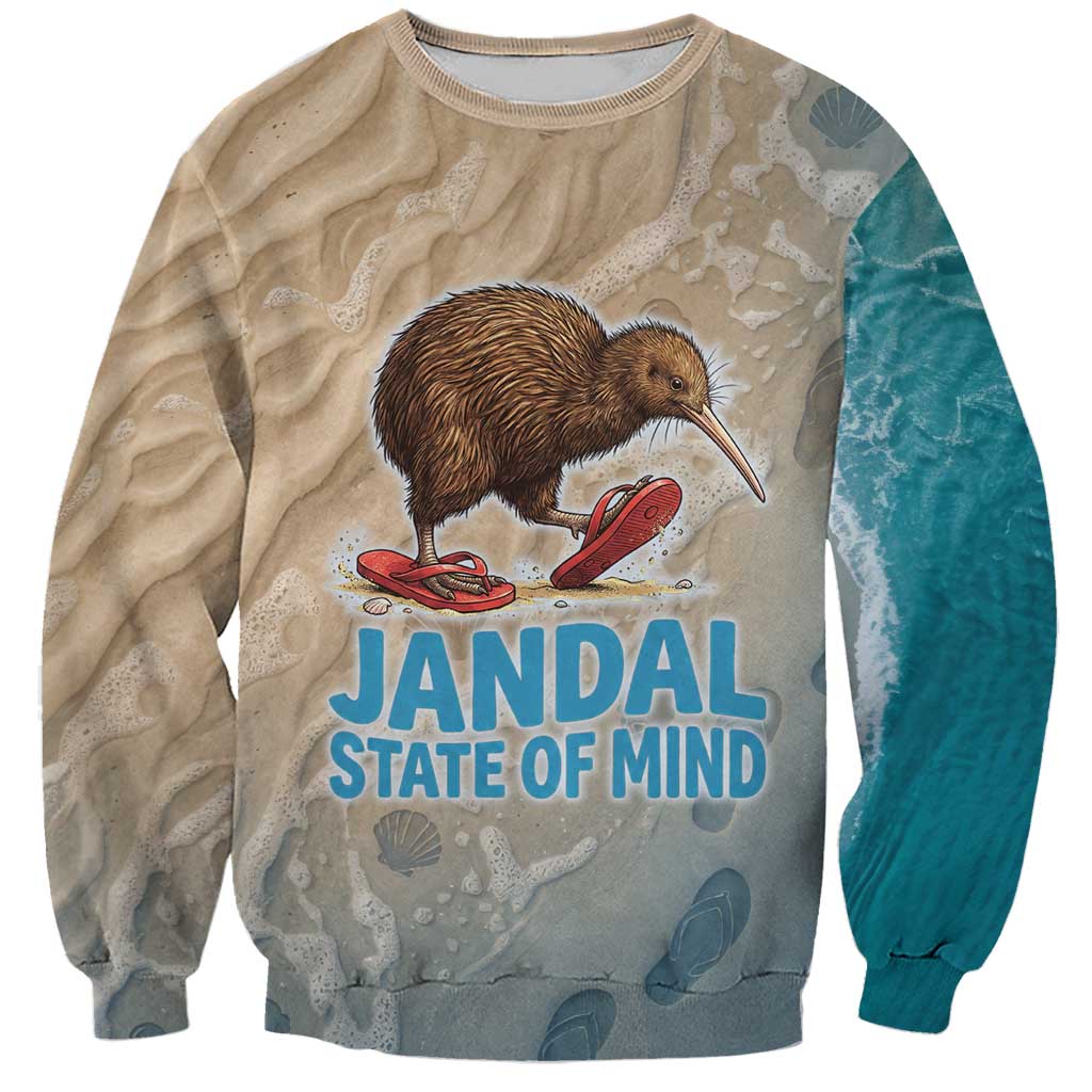 Kiwi Jandal Beach Life Sweatshirt New Zealand Flip Flops Ocean Wave Surf Style TS04 Unisex Beige Cyan - Polynesian Pride