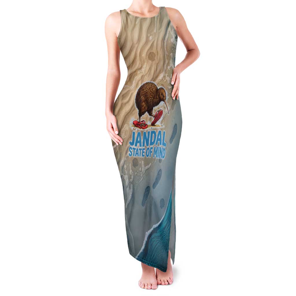 Kiwi Jandal Beach Life Tank Maxi Dress New Zealand Flip Flops Ocean Wave Surf Style TS04 Women Beige Cyan - Polynesian Pride