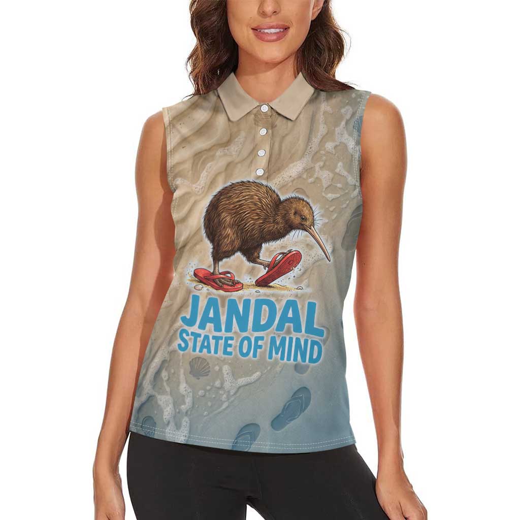 Kiwi Jandal Beach Life Women Sleeveless Polo Shirt New Zealand Flip Flops Ocean Wave Surf Style