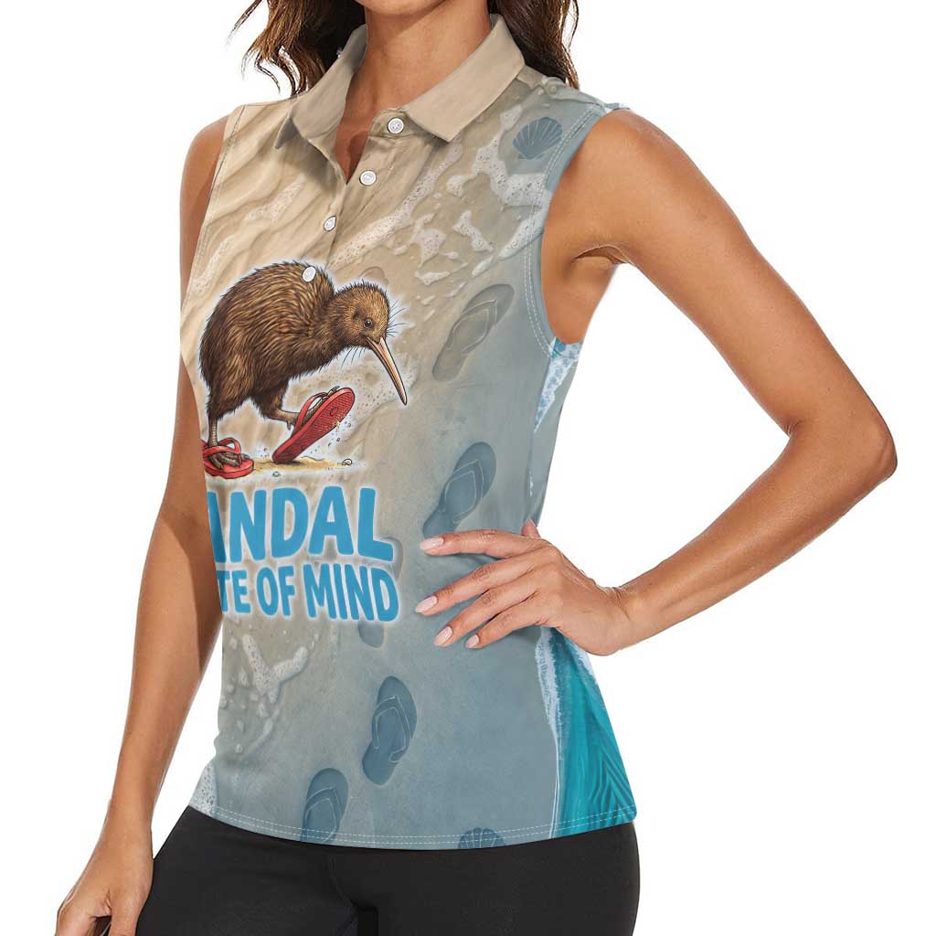 Kiwi Jandal Beach Life Women Sleeveless Polo Shirt New Zealand Flip Flops Ocean Wave Surf Style