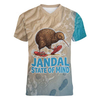 Kiwi Jandal Beach Life Women V-Neck T-Shirt New Zealand Flip Flops Ocean Wave Surf Style TS04 Female Beige Cyan - Polynesian Pride