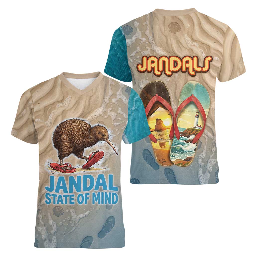 Kiwi Jandal Beach Life Women V-Neck T-Shirt New Zealand Flip Flops Ocean Wave Surf Style TS04 - Polynesian Pride