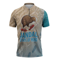 Kiwi Jandal Beach Life Zipper Polo Shirt New Zealand Flip Flops Ocean Wave Surf Style TS04 Beige Cyan - Polynesian Pride