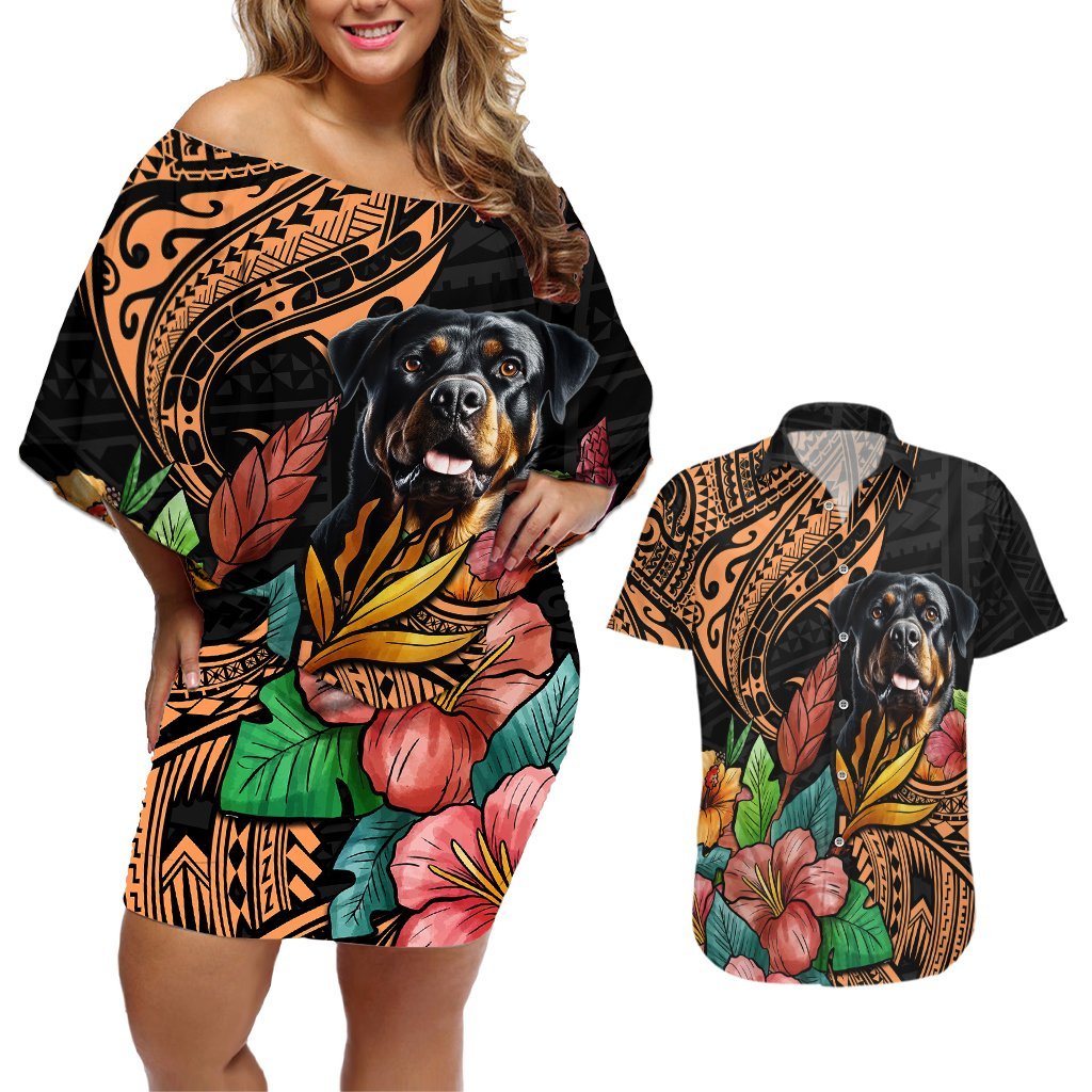 Polynesian Rottweiler Couples Matching Off Shoulder Short Dress and Hawaiian Shirt Polynesian Pattern And Rottweiler TS04 Black - Polynesian Pride