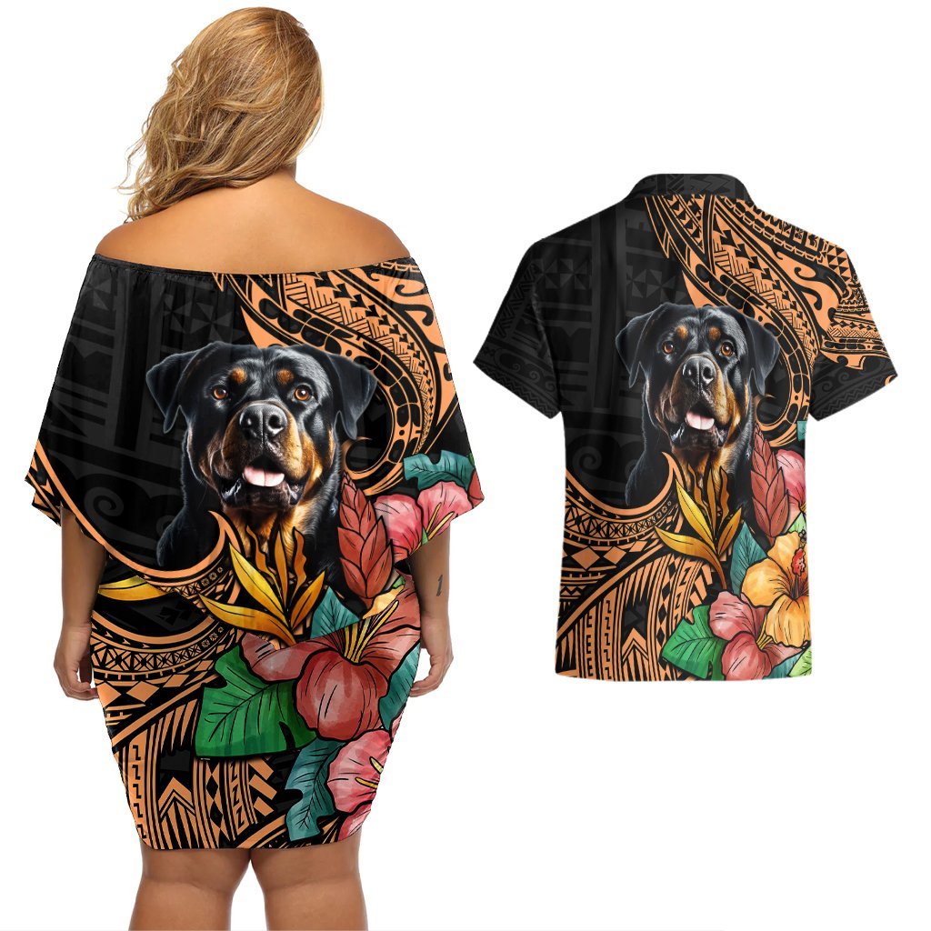Polynesian Rottweiler Couples Matching Off Shoulder Short Dress and Hawaiian Shirt Polynesian Pattern And Rottweiler TS04 - Polynesian Pride