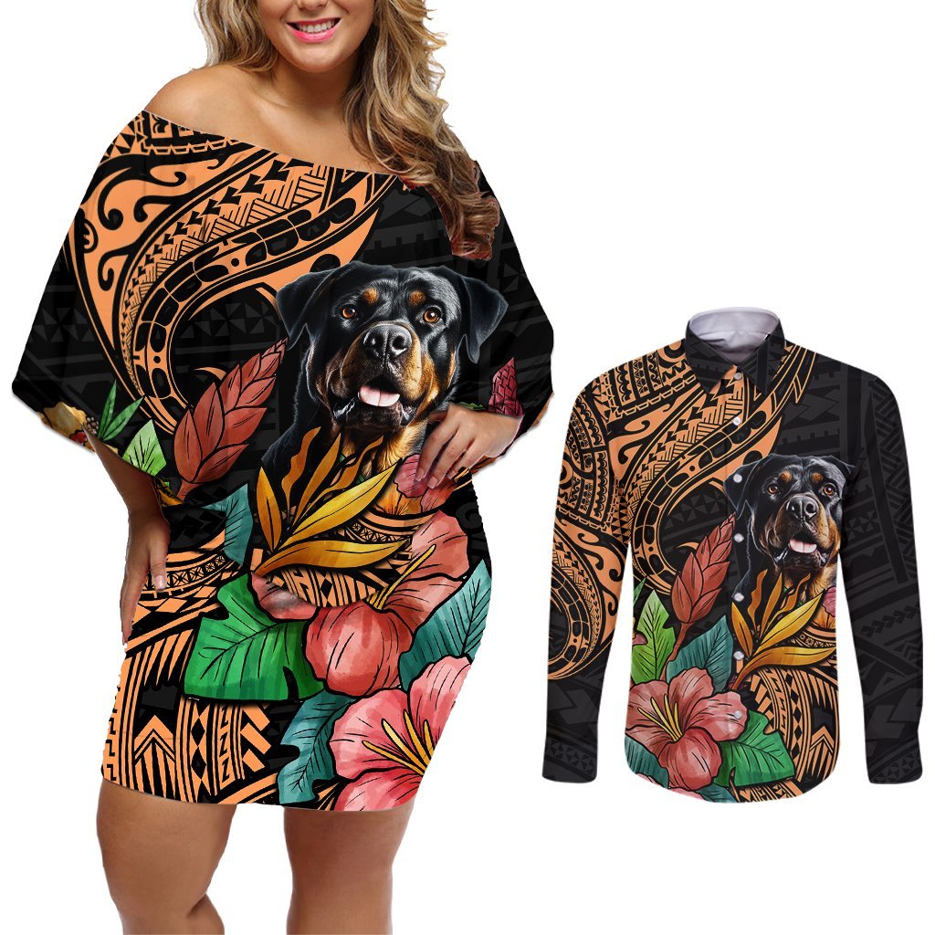 Polynesian Rottweiler Couples Matching Off Shoulder Short Dress and Long Sleeve Button Shirts Polynesian Pattern And Rottweiler TS04 Black - Polynesian Pride