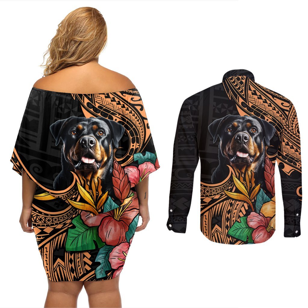 Polynesian Rottweiler Couples Matching Off Shoulder Short Dress and Long Sleeve Button Shirts Polynesian Pattern And Rottweiler TS04 - Polynesian Pride