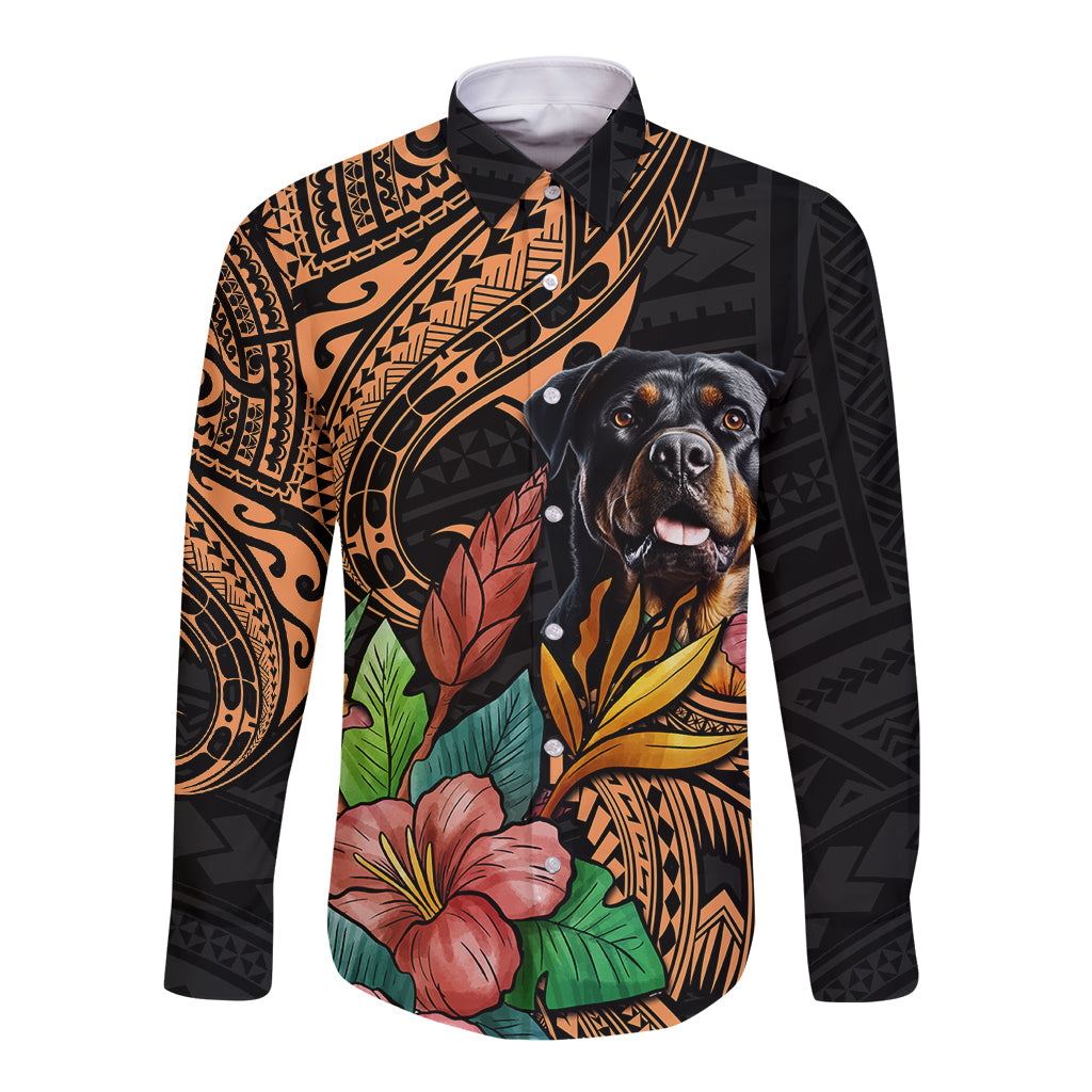 Polynesian Rottweiler Long Sleeve Button Shirt Polynesian Pattern And Rottweiler TS04 Unisex Black - Polynesian Pride