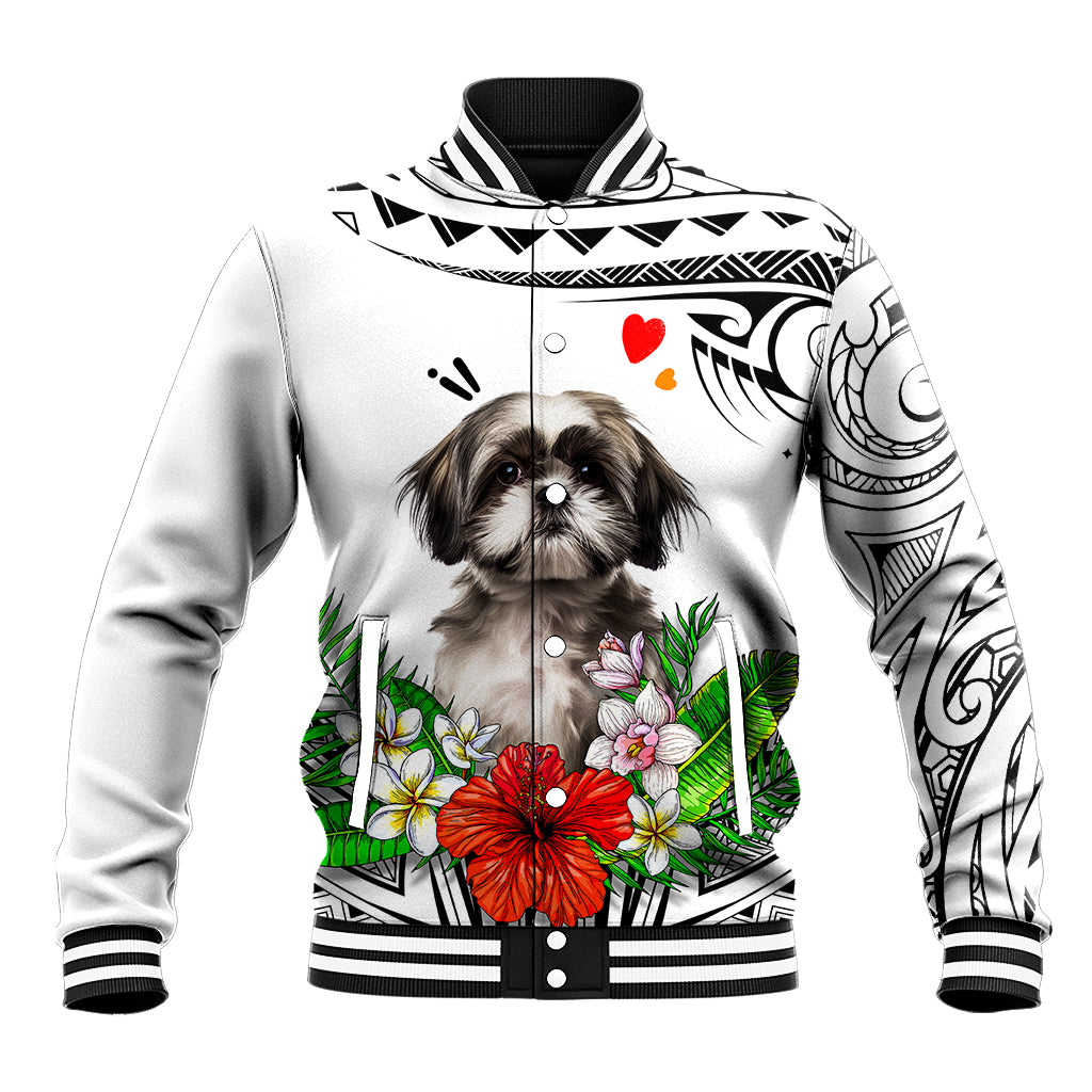 Polynesian Shih Tzu Baseball Jacket Polynesian Pattern And Shih Tzu TS04 Unisex White - Polynesian Pride