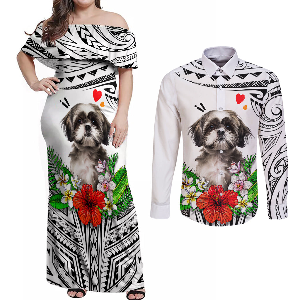 Polynesian Shih Tzu Couples Matching Off Shoulder Maxi Dress and Long Sleeve Button Shirts Polynesian Pattern And Shih Tzu TS04 White - Polynesian Pride