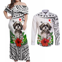 Polynesian Shih Tzu Couples Matching Off Shoulder Maxi Dress and Long Sleeve Button Shirts Polynesian Pattern And Shih Tzu TS04 White - Polynesian Pride