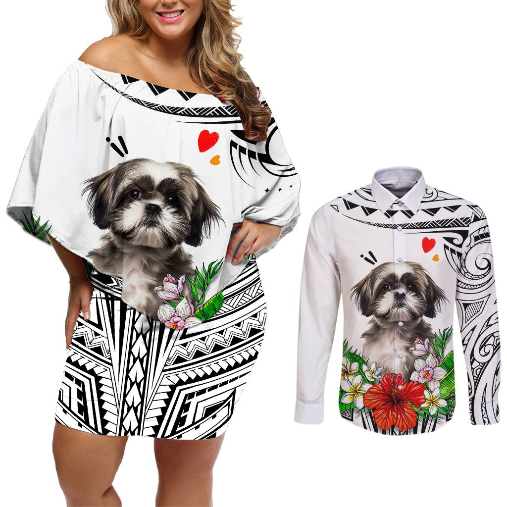 Polynesian Shih Tzu Couples Matching Off Shoulder Short Dress and Long Sleeve Button Shirts Polynesian Pattern And Shih Tzu TS04 White - Polynesian Pride