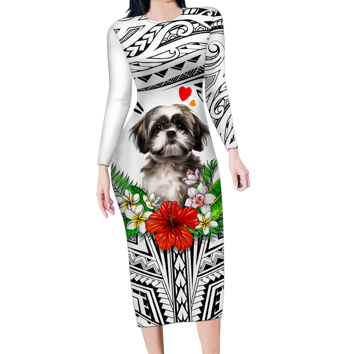 Polynesian Shih Tzu Long Sleeve Bodycon Dress Polynesian Pattern And Shih Tzu TS04 Long Dress White - Polynesian Pride