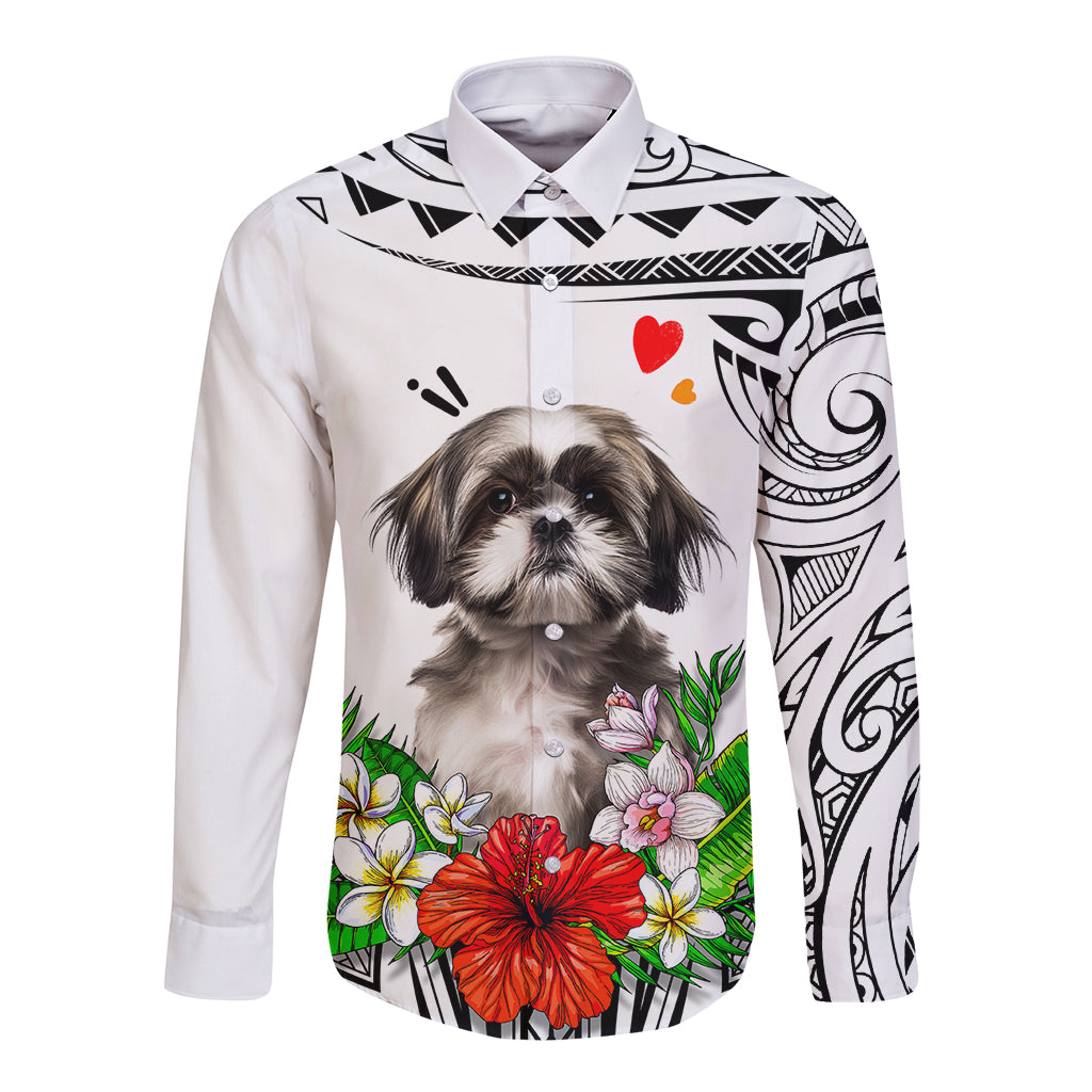 Polynesian Shih Tzu Long Sleeve Button Shirt Polynesian Pattern And Shih Tzu TS04 Unisex White - Polynesian Pride