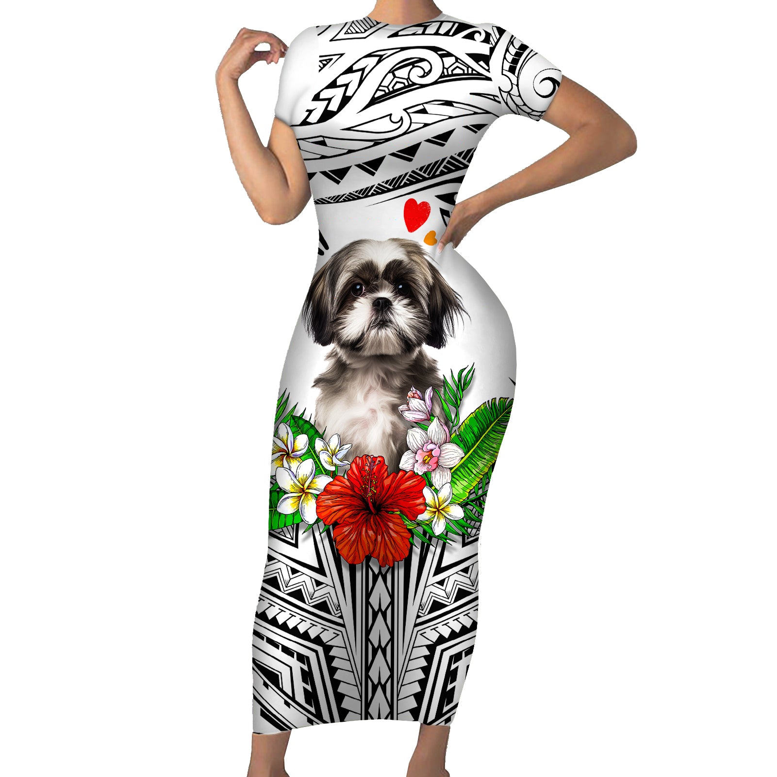 Polynesian Shih Tzu Short Sleeve Bodycon Dress Polynesian Pattern And Shih Tzu TS04 Long Dress White - Polynesian Pride