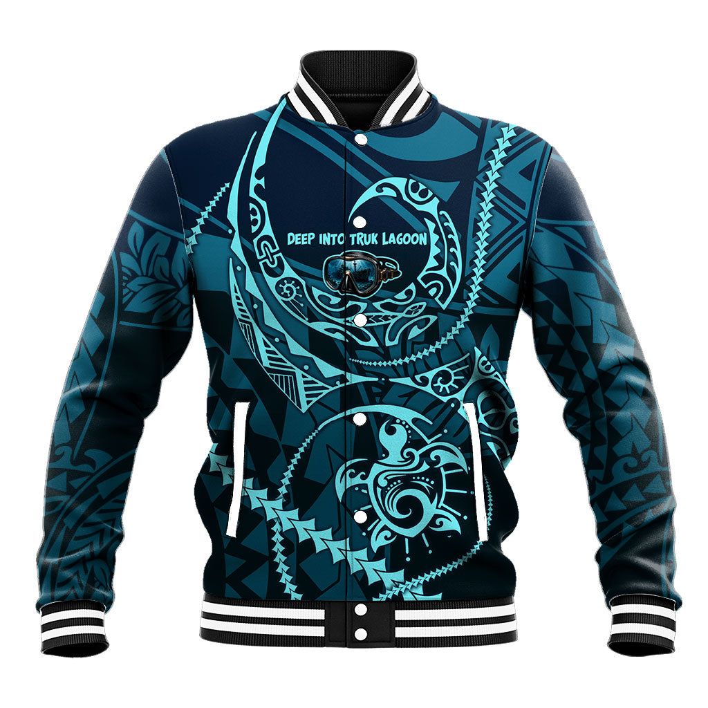 Chuuk Deep Into Truk Lagoon Baseball Jacket Polynesian Tribal Pattern Wreck Diving Teal Ship Art