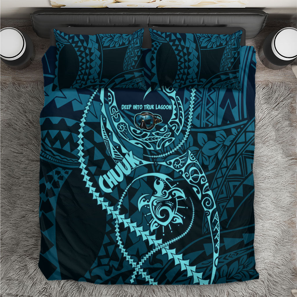 Chuuk Deep Into Truk Lagoon Bedding Set Polynesian Tribal Pattern Wreck Diving Teal Ship Art TS04 Blue Black - Polynesian Pride