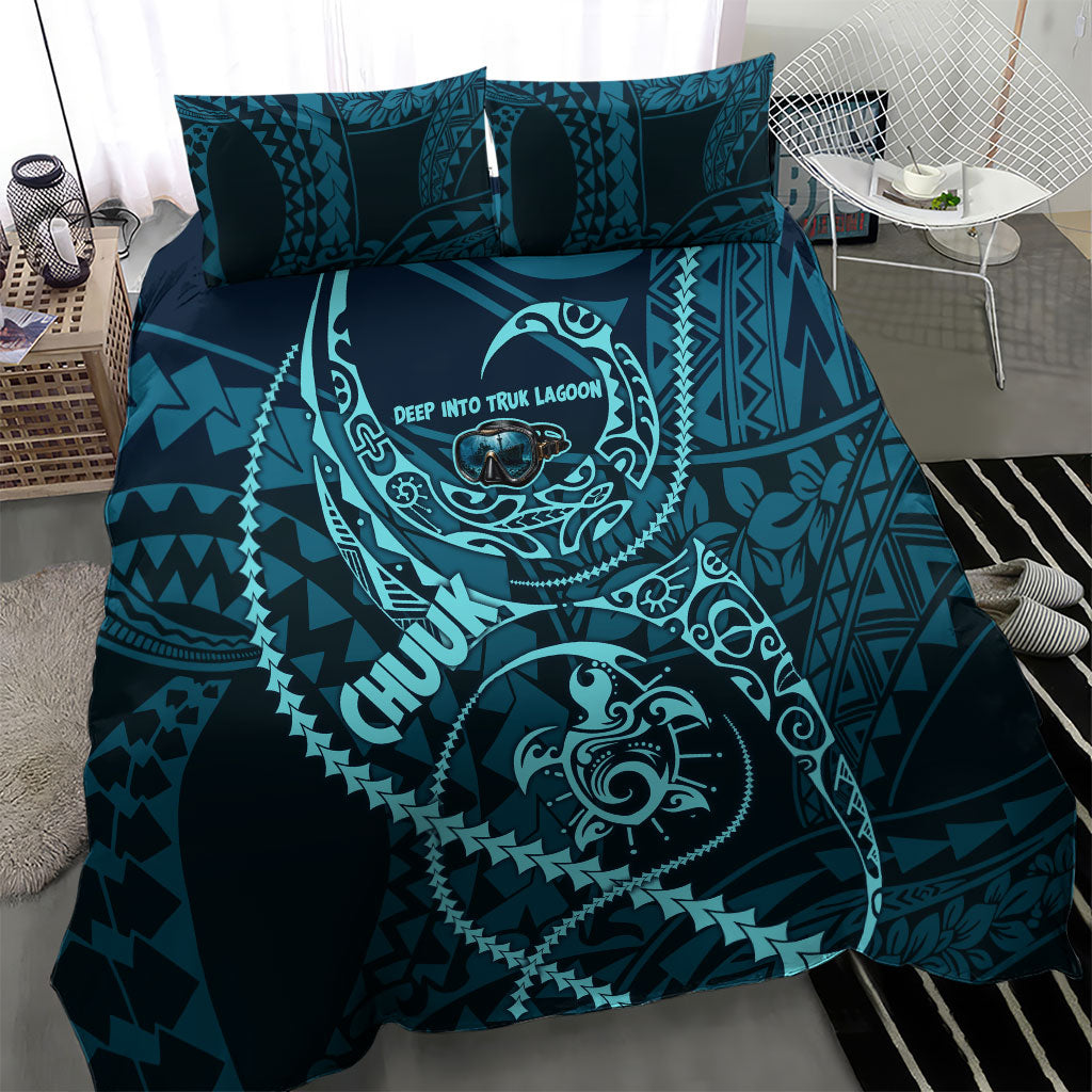 Chuuk Deep Into Truk Lagoon Bedding Set Polynesian Tribal Pattern Wreck Diving Teal Ship Art