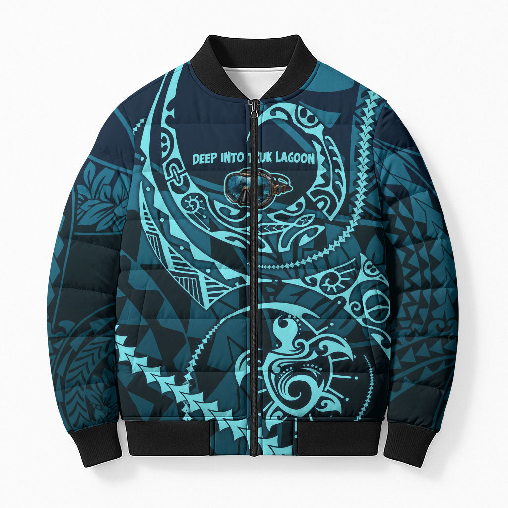 Chuuk Deep Into Truk Lagoon Bomber Puffer Jacket Polynesian Tribal Pattern Wreck Diving Teal Ship Art TS04 Unisex Blue Black - Polynesian Pride