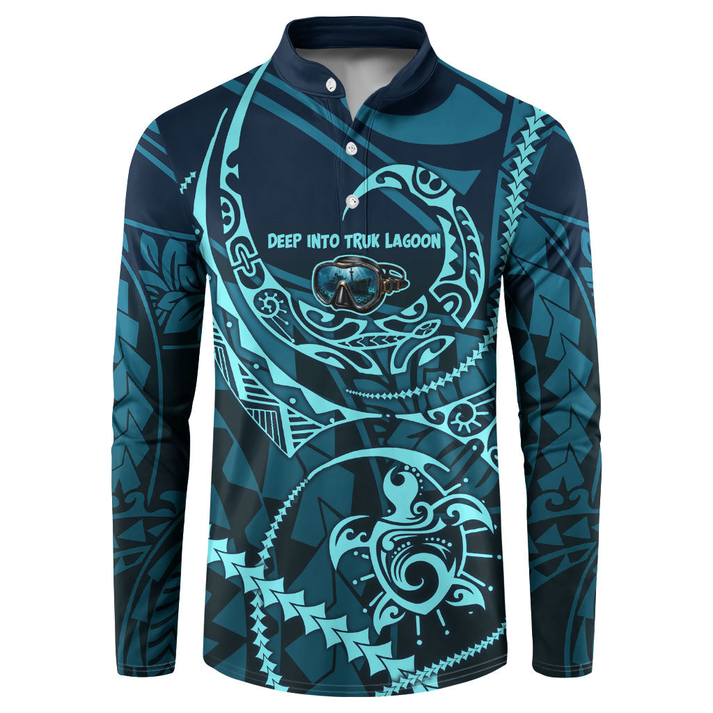 Chuuk Deep Into Truk Lagoon Button Sweatshirt Polynesian Tribal Pattern Wreck Diving Teal Ship Art TS04 Blue Black - Polynesian Pride