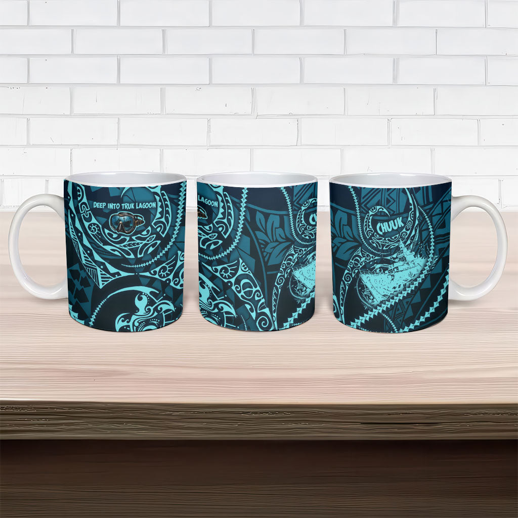 Chuuk Deep Into Truk Lagoon Ceramic Mug Polynesian Tribal Pattern Wreck Diving Teal Ship Art