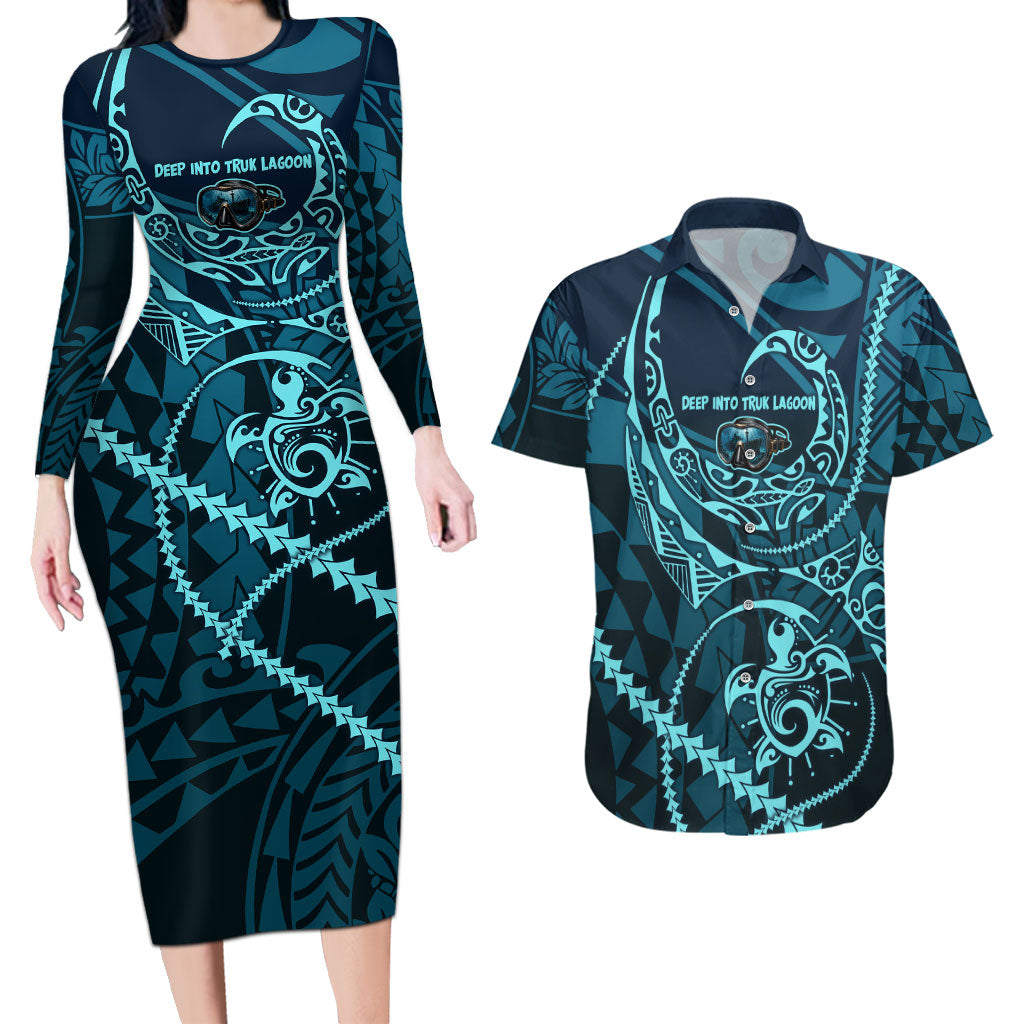 Chuuk Deep Into Truk Lagoon Couples Matching Long Sleeve Bodycon Dress and Hawaiian Shirt Polynesian Tribal Pattern Wreck Diving Teal Ship Art TS04 Blue Black - Polynesian Pride