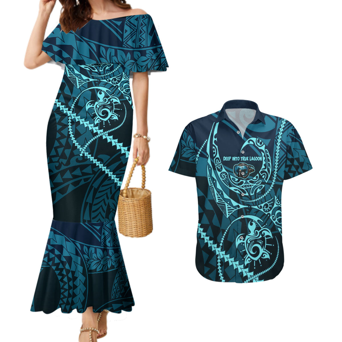 Chuuk Deep Into Truk Lagoon Couples Matching Mermaid Dress and Hawaiian Shirt Polynesian Tribal Pattern Wreck Diving Teal Ship Art
