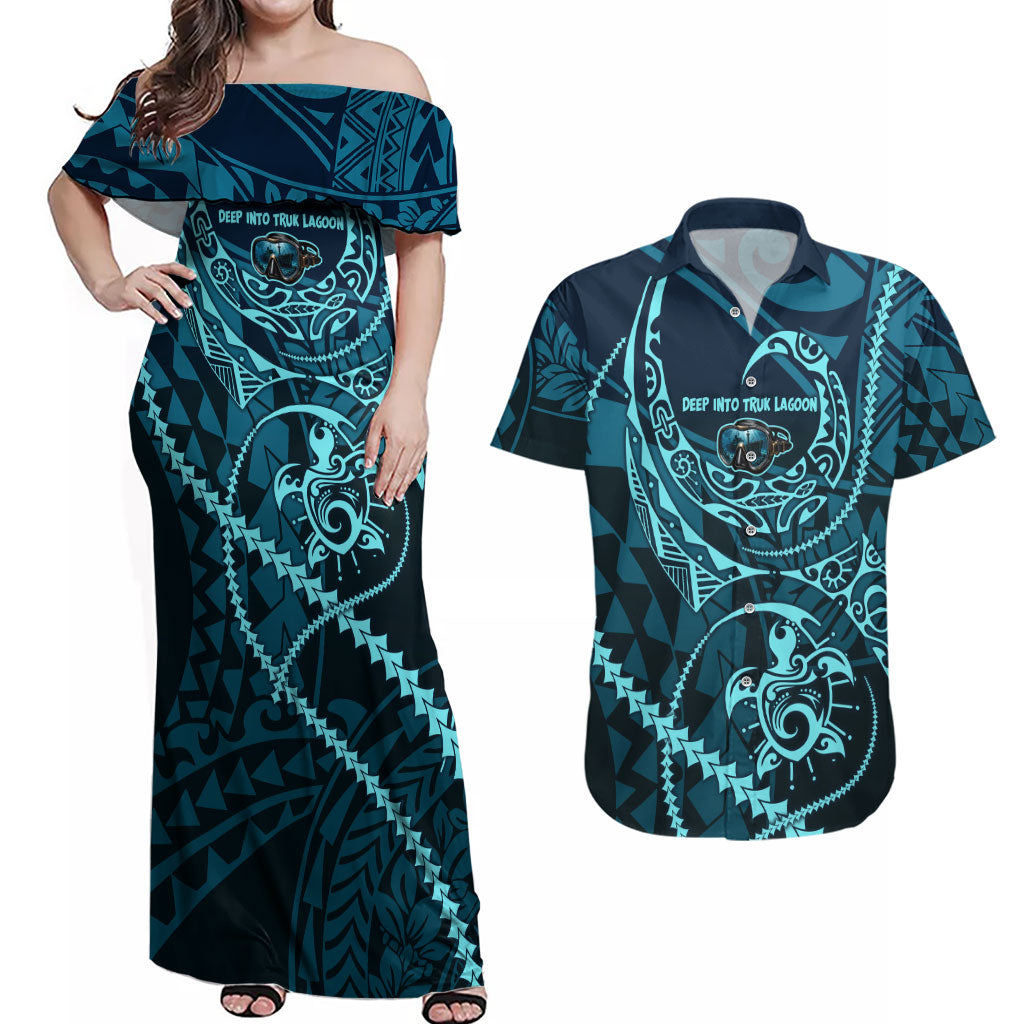 Chuuk Deep Into Truk Lagoon Couples Matching Off Shoulder Maxi Dress and Hawaiian Shirt Polynesian Tribal Pattern Wreck Diving Teal Ship Art TS04 Blue Black - Polynesian Pride
