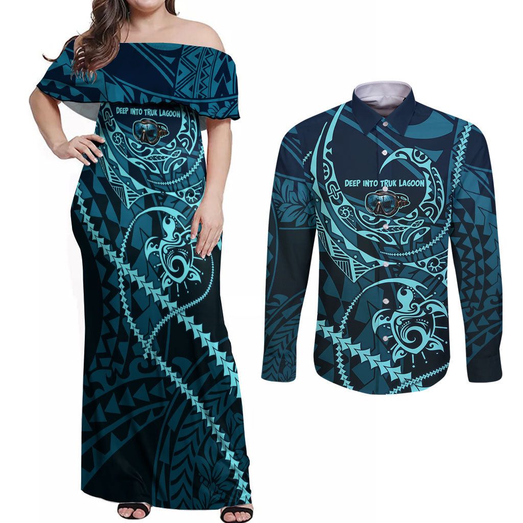 Chuuk Deep Into Truk Lagoon Couples Matching Off Shoulder Maxi Dress and Long Sleeve Button Shirt Polynesian Tribal Pattern Wreck Diving Teal Ship Art TS04 Blue Black - Polynesian Pride