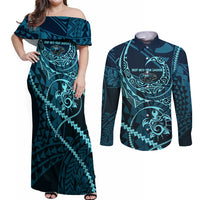 Chuuk Deep Into Truk Lagoon Couples Matching Off Shoulder Maxi Dress and Long Sleeve Button Shirt Polynesian Tribal Pattern Wreck Diving Teal Ship Art