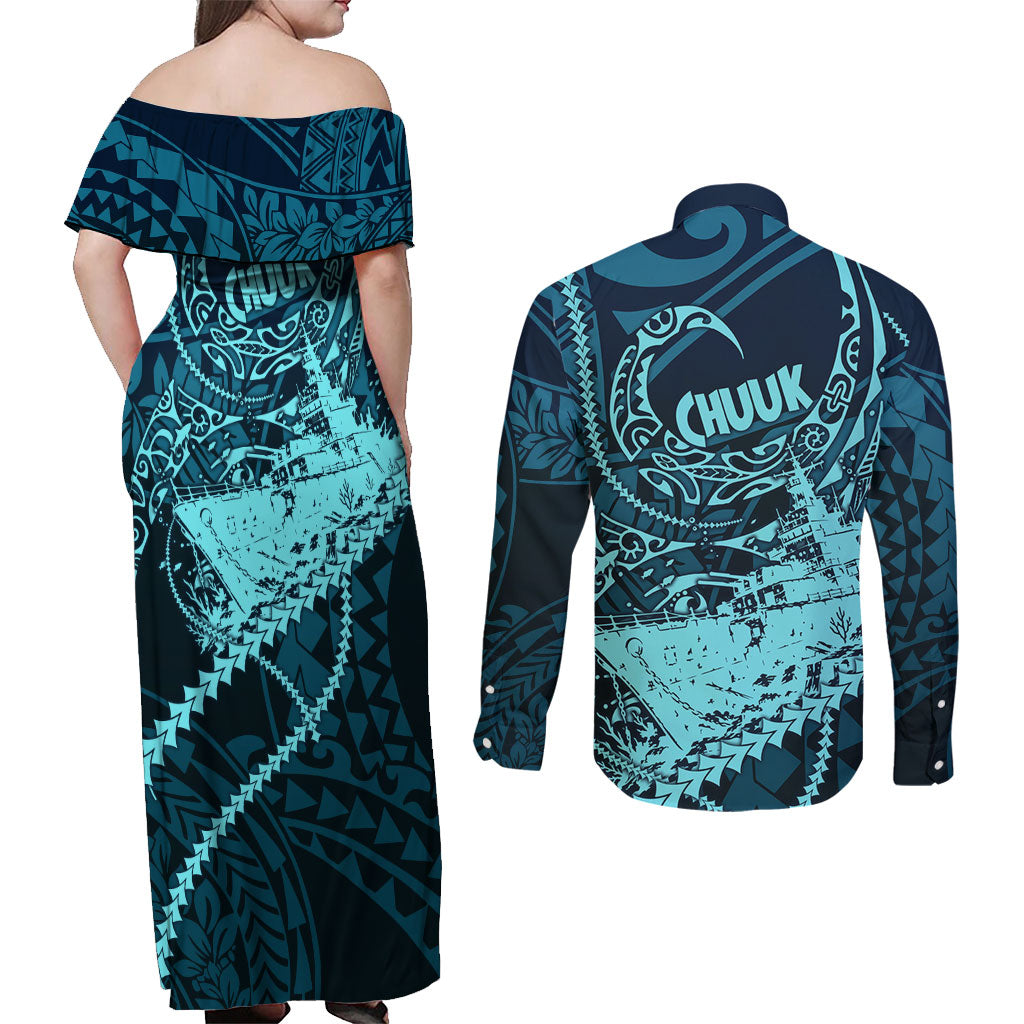 Chuuk Deep Into Truk Lagoon Couples Matching Off Shoulder Maxi Dress and Long Sleeve Button Shirt Polynesian Tribal Pattern Wreck Diving Teal Ship Art