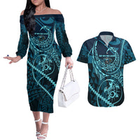 Chuuk Deep Into Truk Lagoon Couples Matching Off The Shoulder Long Sleeve Dress and Hawaiian Shirt Polynesian Tribal Pattern Wreck Diving Teal Ship Art