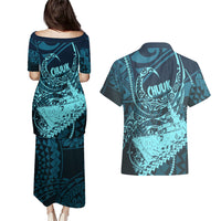 Chuuk Deep Into Truk Lagoon Couples Matching Puletasi and Hawaiian Shirt Polynesian Tribal Pattern Wreck Diving Teal Ship Art