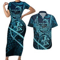 Chuuk Deep Into Truk Lagoon Couples Matching Short Sleeve Bodycon Dress and Hawaiian Shirt Polynesian Tribal Pattern Wreck Diving Teal Ship Art