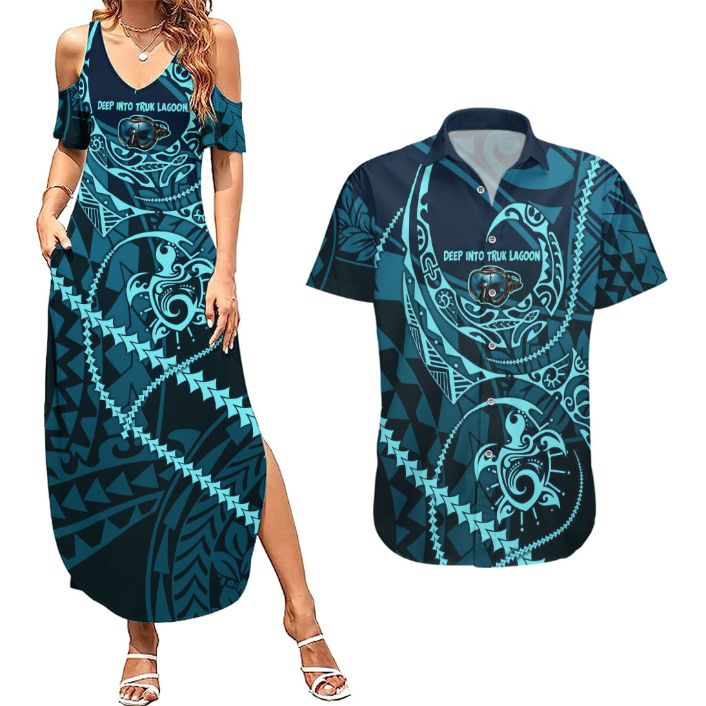 Chuuk Deep Into Truk Lagoon Couples Matching Summer Maxi Dress and Hawaiian Shirt Polynesian Tribal Pattern Wreck Diving Teal Ship Art