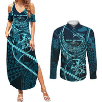 Chuuk Deep Into Truk Lagoon Couples Matching Summer Maxi Dress and Long Sleeve Button Shirt Polynesian Tribal Pattern Wreck Diving Teal Ship Art