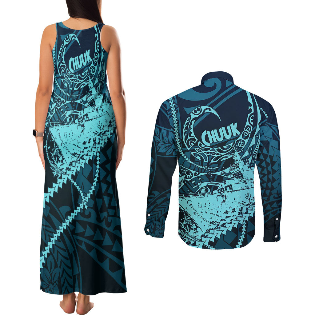 Chuuk Deep Into Truk Lagoon Couples Matching Tank Maxi Dress and Long Sleeve Button Shirt Polynesian Tribal Pattern Wreck Diving Teal Ship Art
