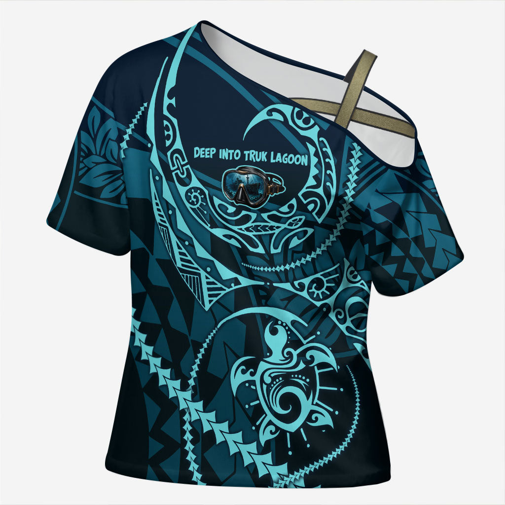 Chuuk Deep Into Truk Lagoon Cross Shoulder Shirt Polynesian Tribal Pattern Wreck Diving Teal Ship Art TS04 Female Blue Black - Polynesian Pride