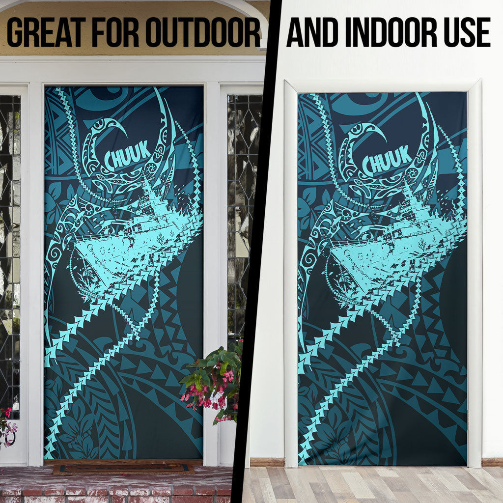 Chuuk Deep Into Truk Lagoon Door Cover Polynesian Tribal Pattern Wreck Diving Teal Ship Art